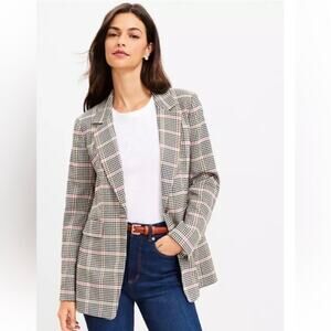 LOFT NWT Sz 14 Modern Blazer Plaid Pink Tan Single Breasted Longline Preppy
